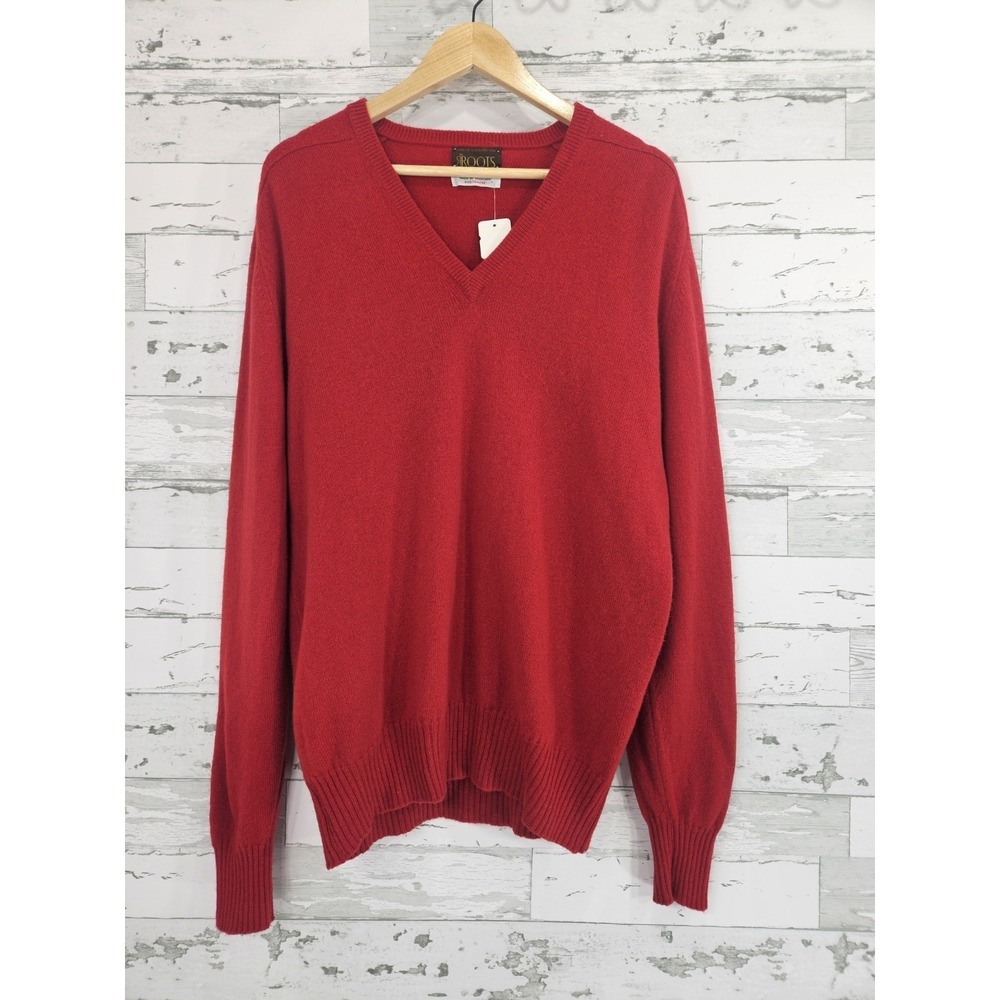Roots Mens V-Neck Sweater Red 100% Pure Lambswool Made in Scotland Size 44 L
